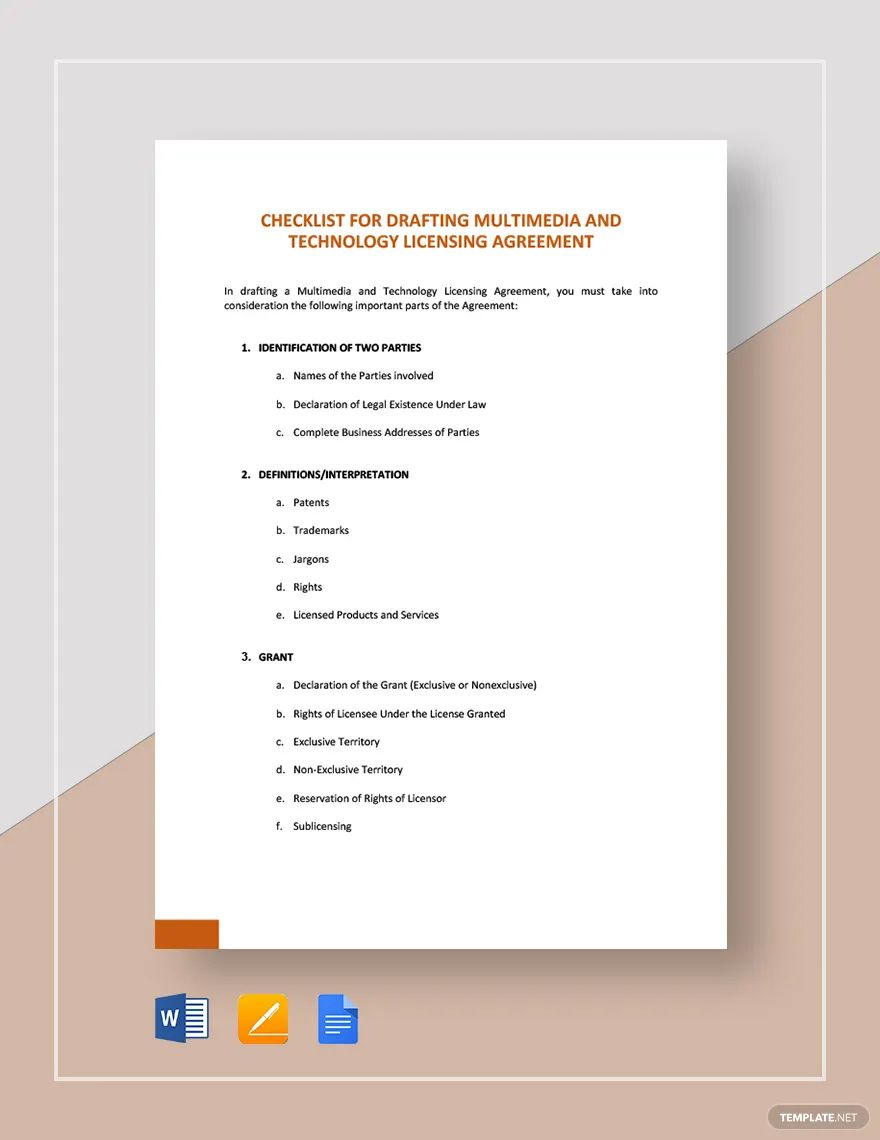 Free Checklist Drafting Multimedia and Technology Licensing Agreement Template