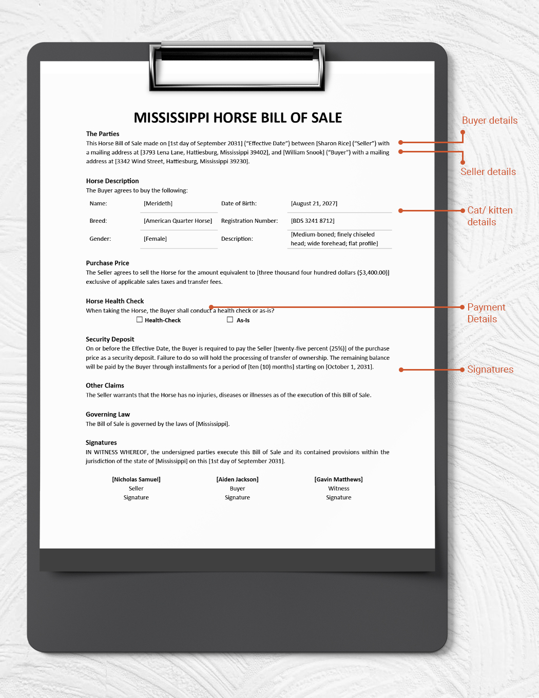 Mississippi Horse Bill of Sale Template