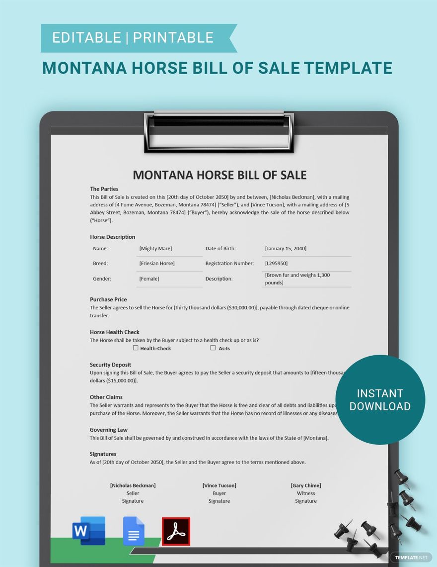 Montana Horse Bill of Sale Template
