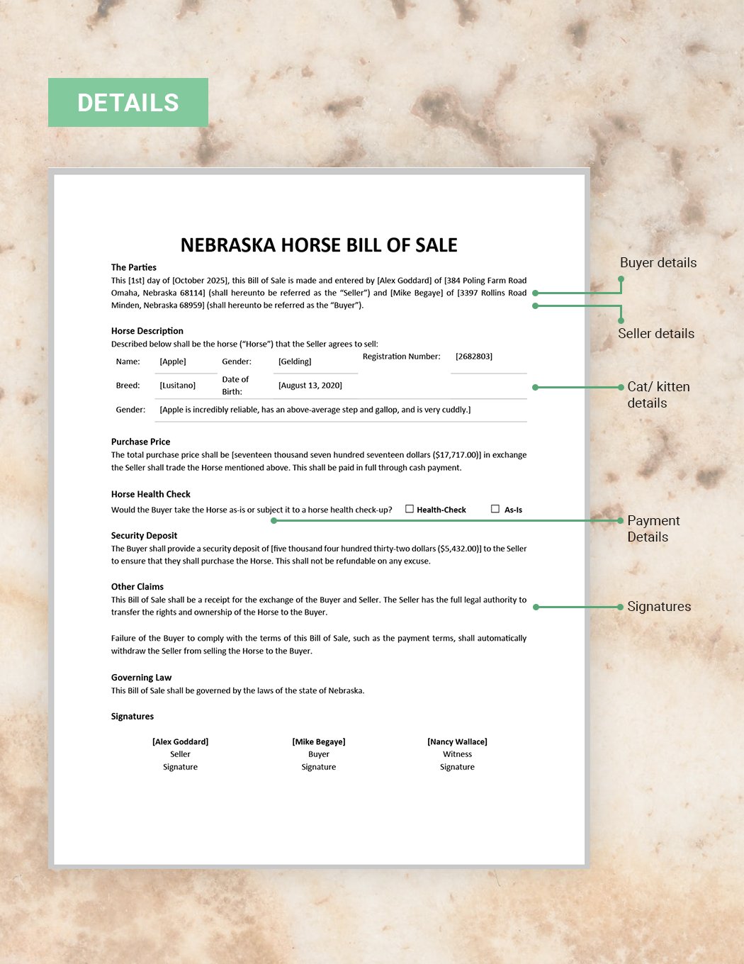 Nebraska Horse Bill of Sale Form Template