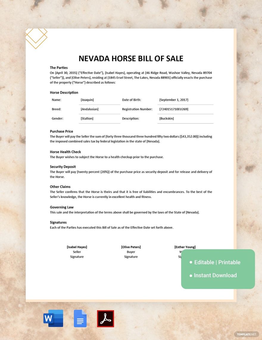 Nevada Horse Bill of Sale Template in Word, Google Docs, PDF