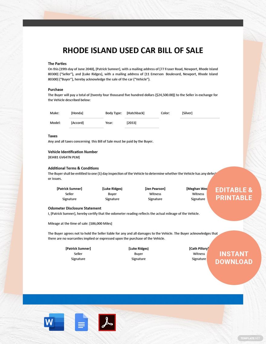 Rhode Island Used Car Bill of Sale Template