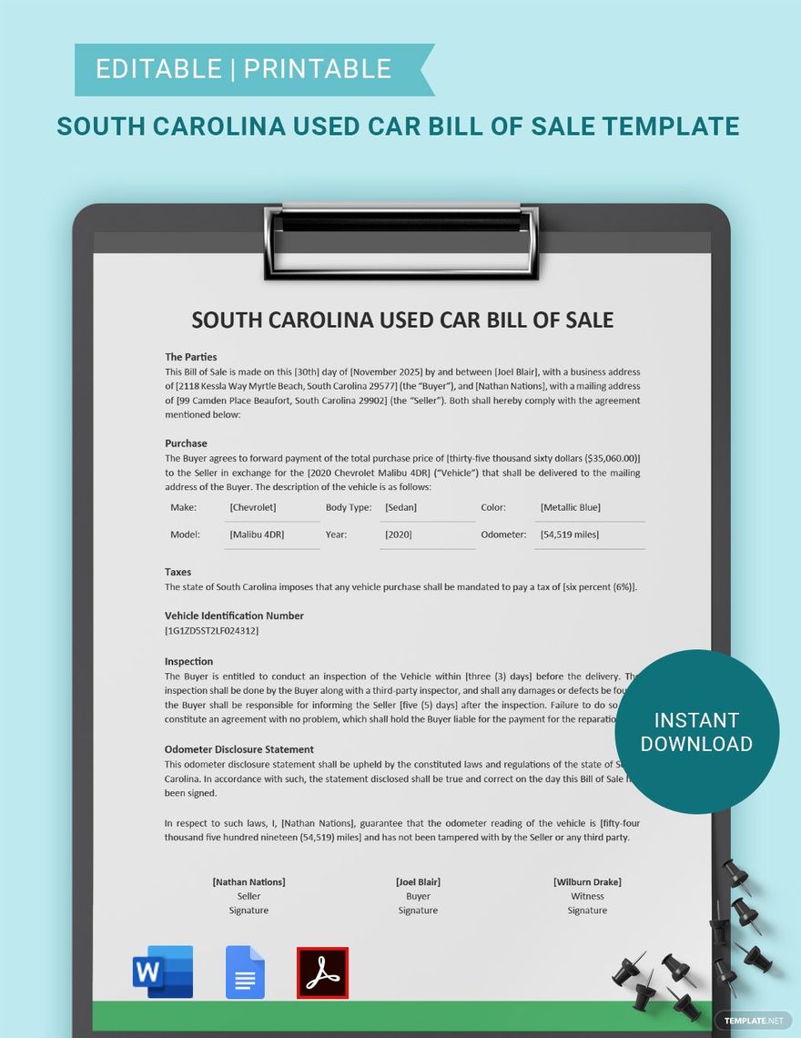 South Carolina Used Car Bill of Sale Template