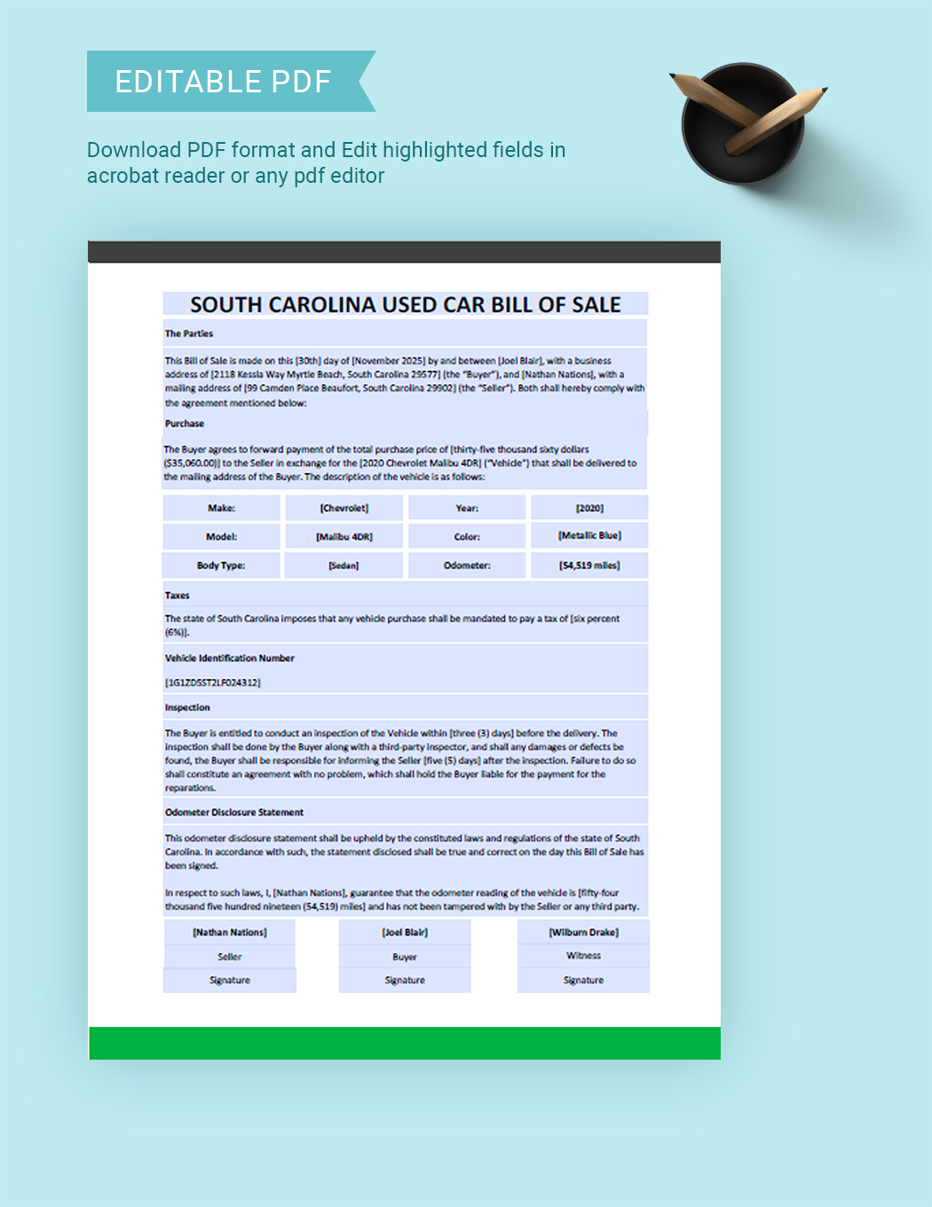 South Carolina Used Car Bill of Sale Template