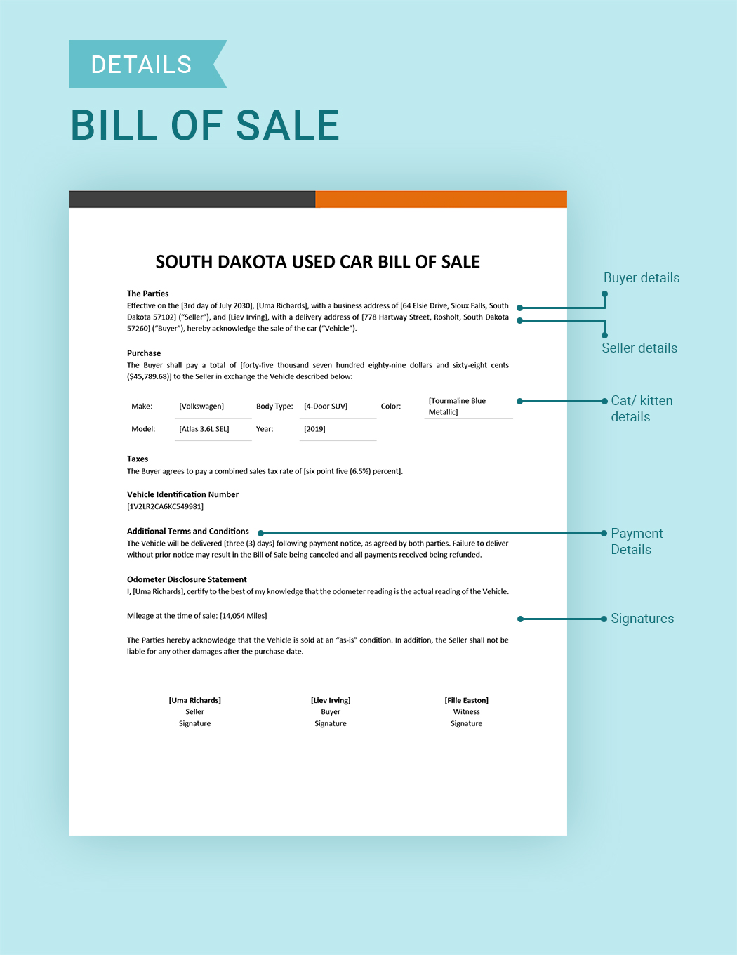 South Dakota Used Car Bill of Sale Template