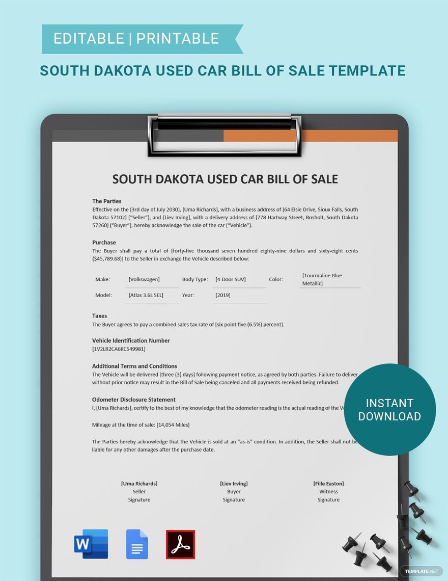 South Dakota Used Car Bill of Sale Template