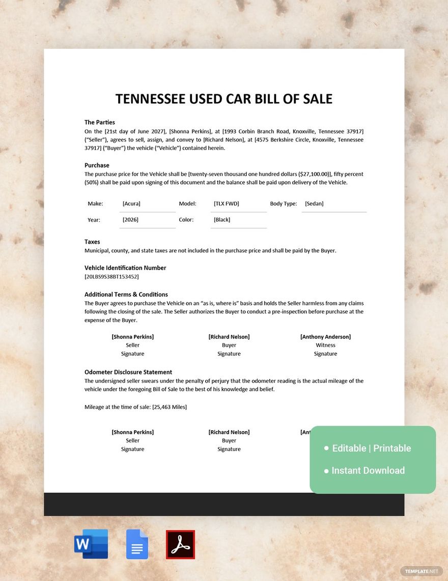 Tennessee Used Car Bill of Sale Form Template
