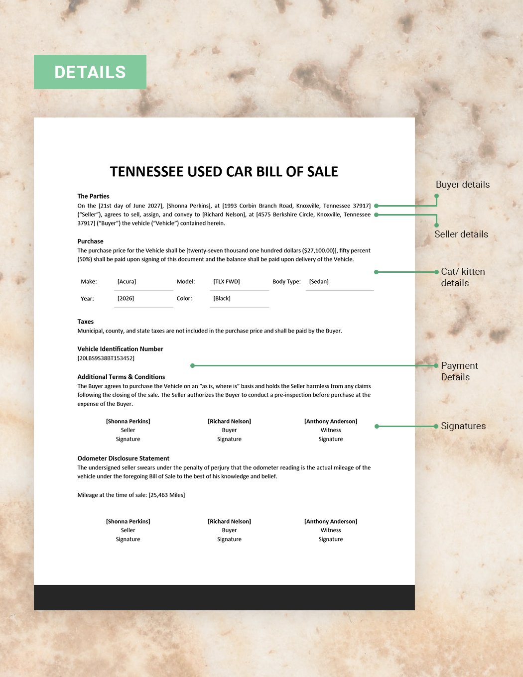 Tennessee Used Car Bill of Sale Form Template
