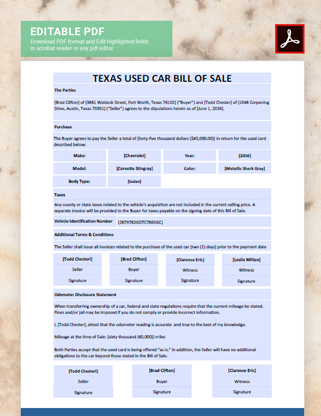 Texas Used Car Bill of Sale Template