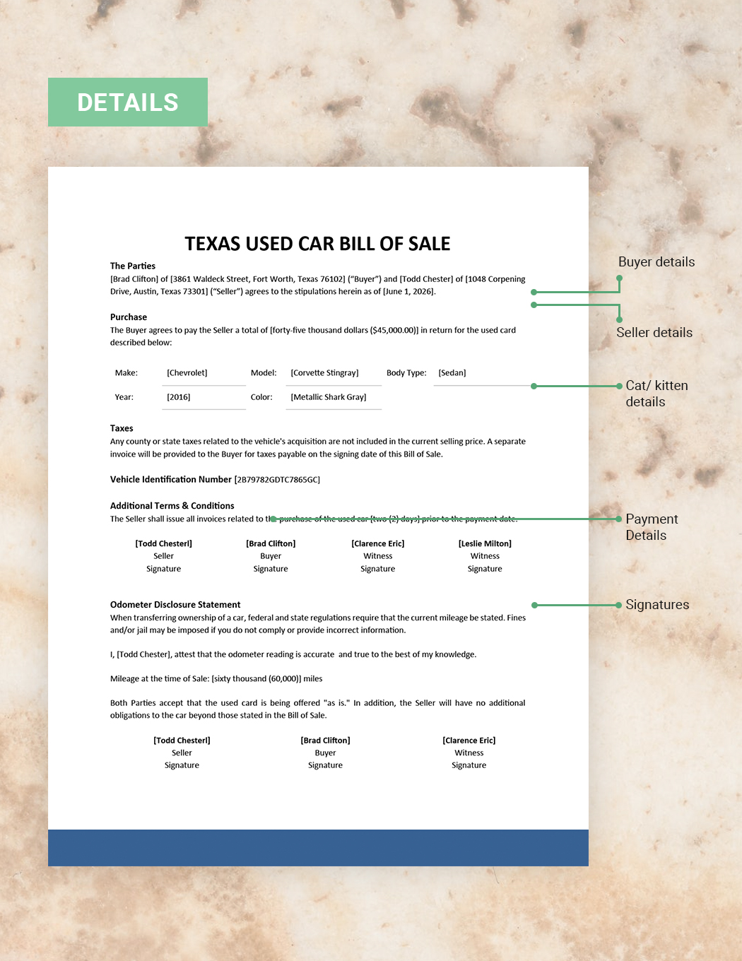Texas Used Car Bill of Sale Template