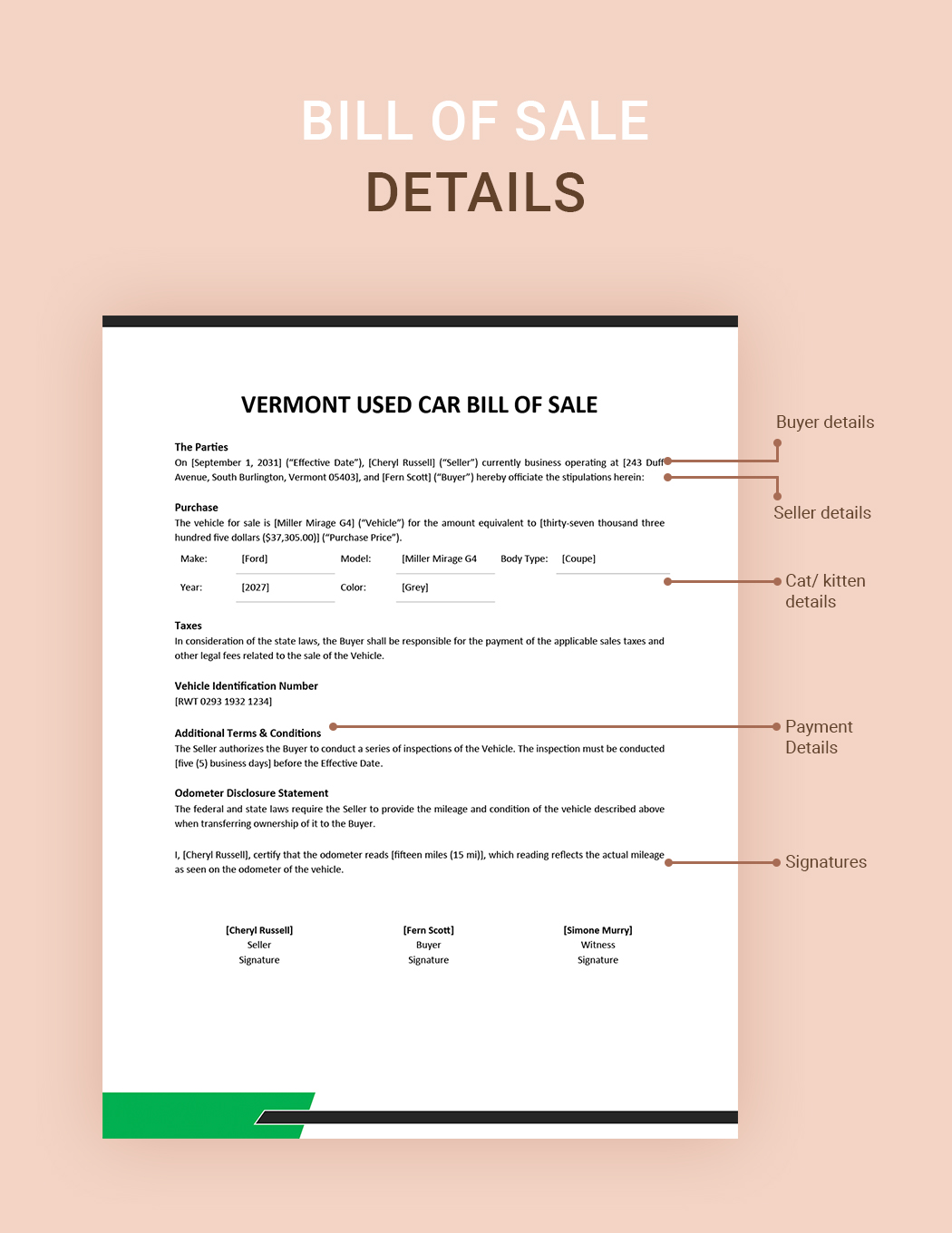 Vermont Used Car Bill of Sale Template