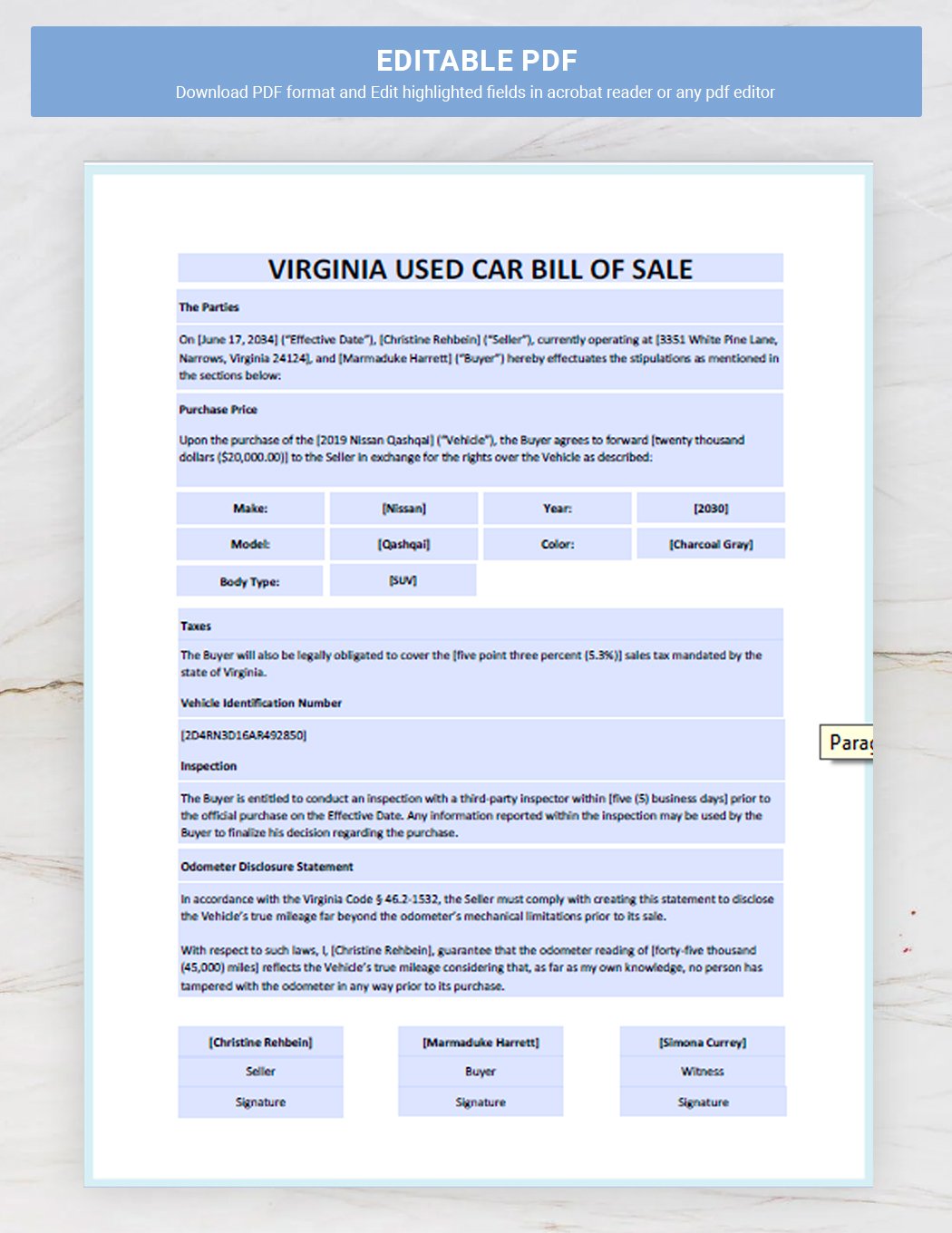 Printable Vehicle Bill Of Sale Form Virginia