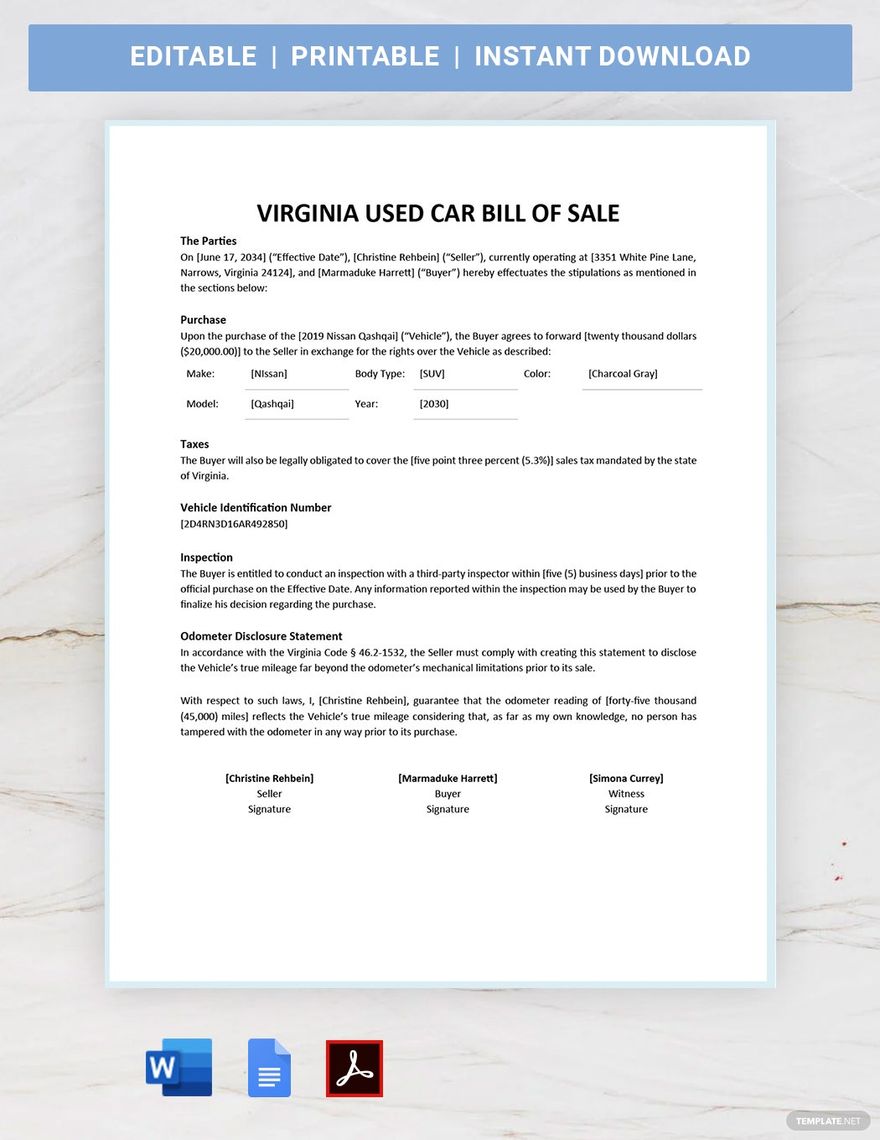 Virginia Used Car Bill of Sale Template