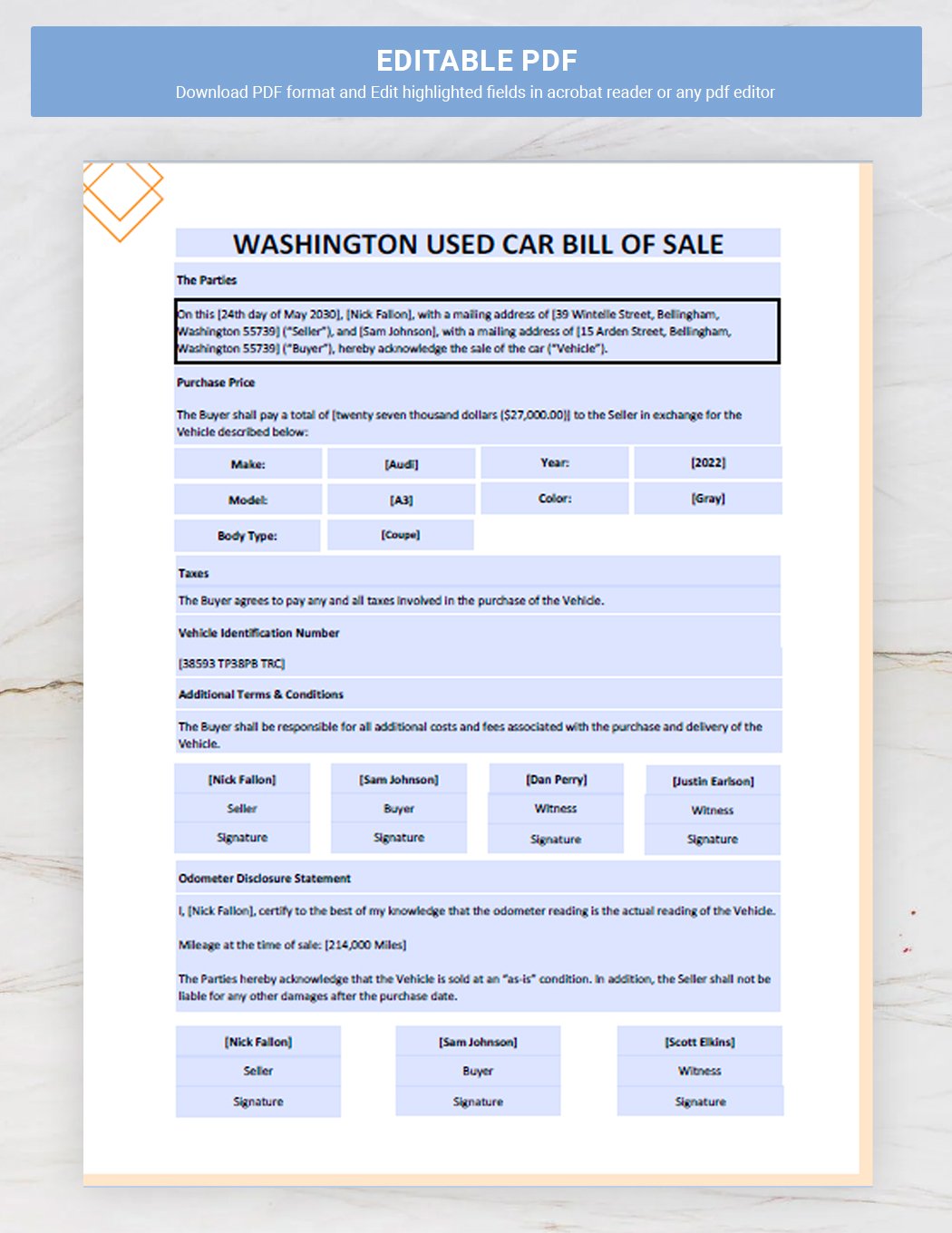 Washington Used Car Bill of Sale Template