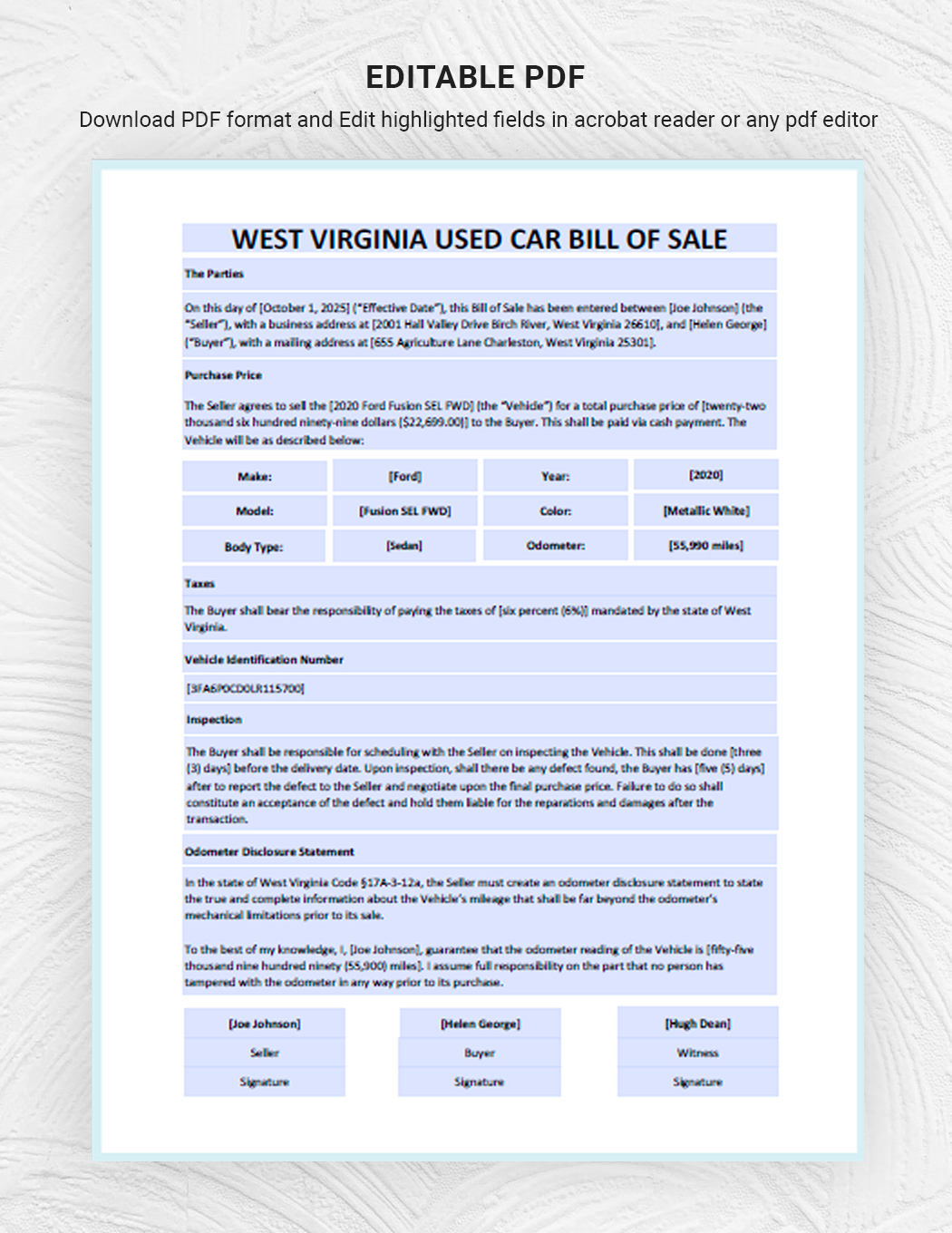 West Virginia Used Car Bill of Sale Template