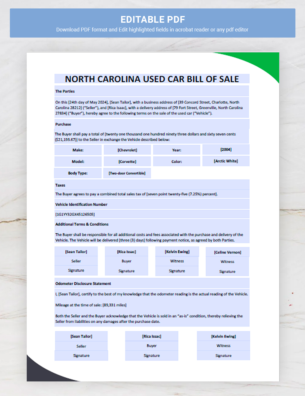 North Carolina Used Car Bill of Sale Form Template