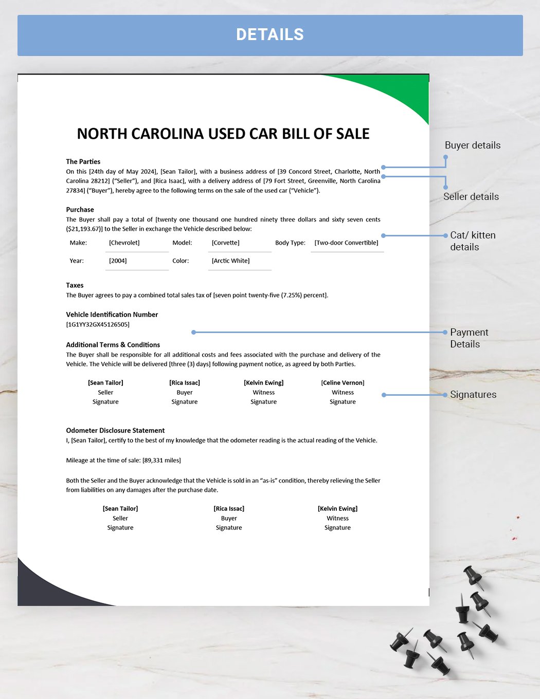 Free North Carolina Used Car Bill of Sale Form Template Download in