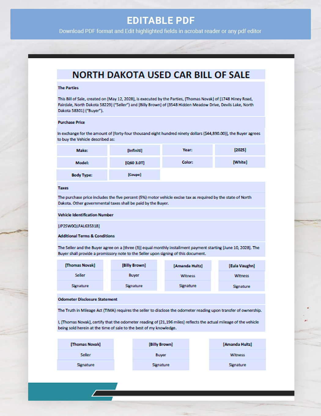 North Dakota Used Car Bill of Sale Template