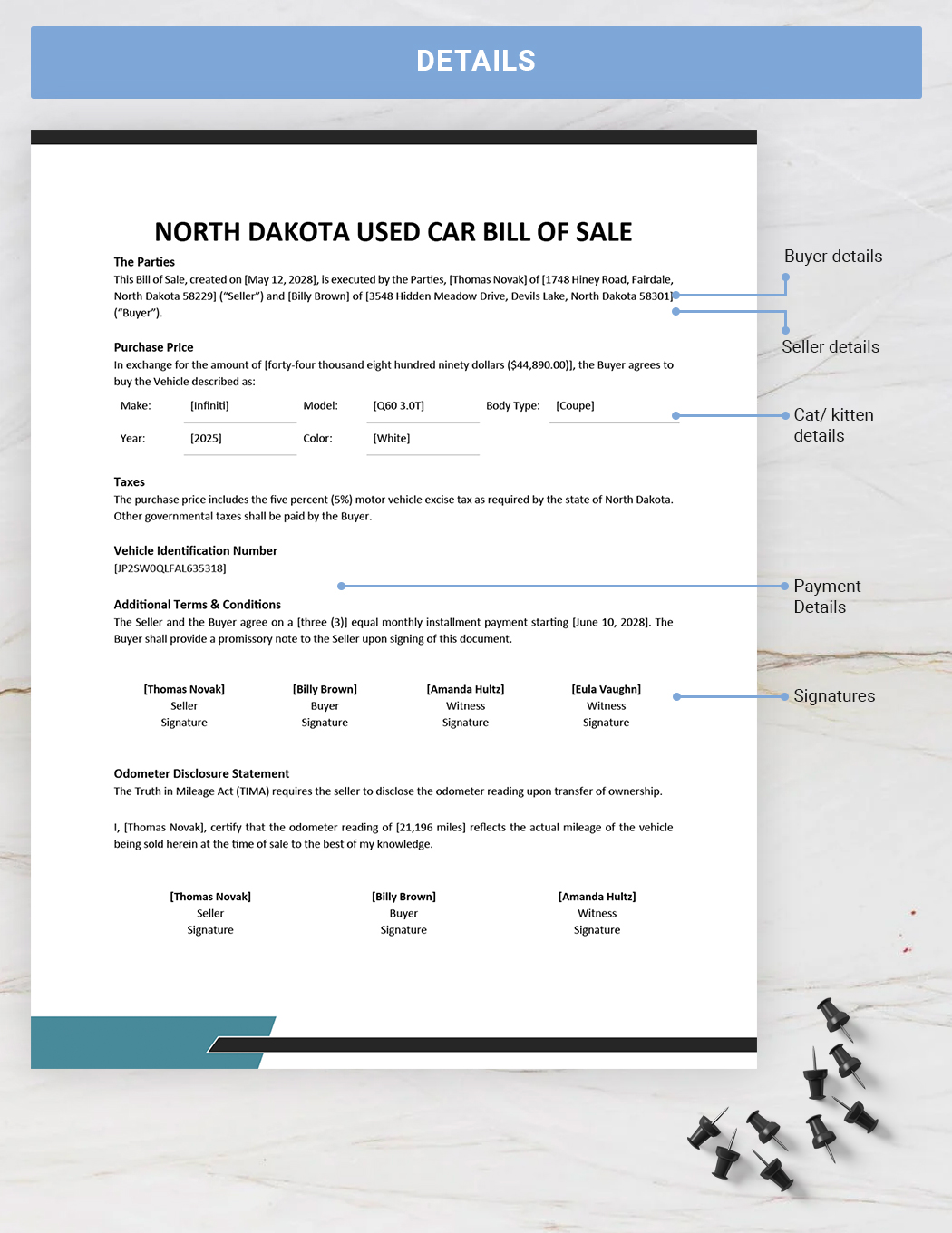 North Dakota Used Car Bill of Sale Template