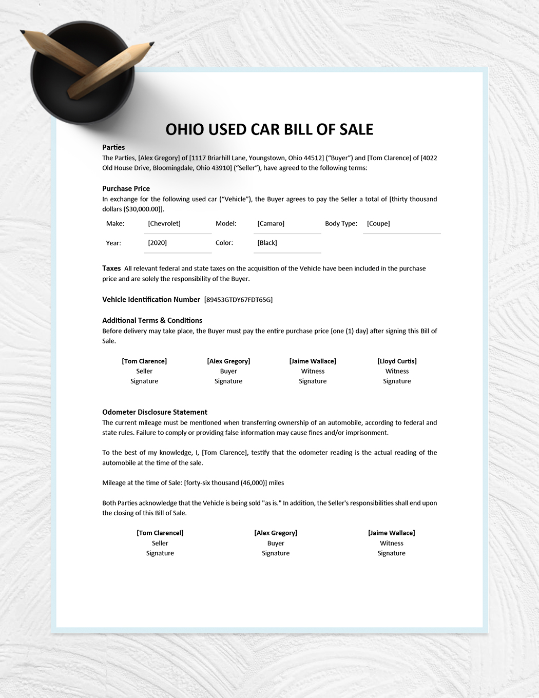 Ohio Used Car Bill of Sale Template