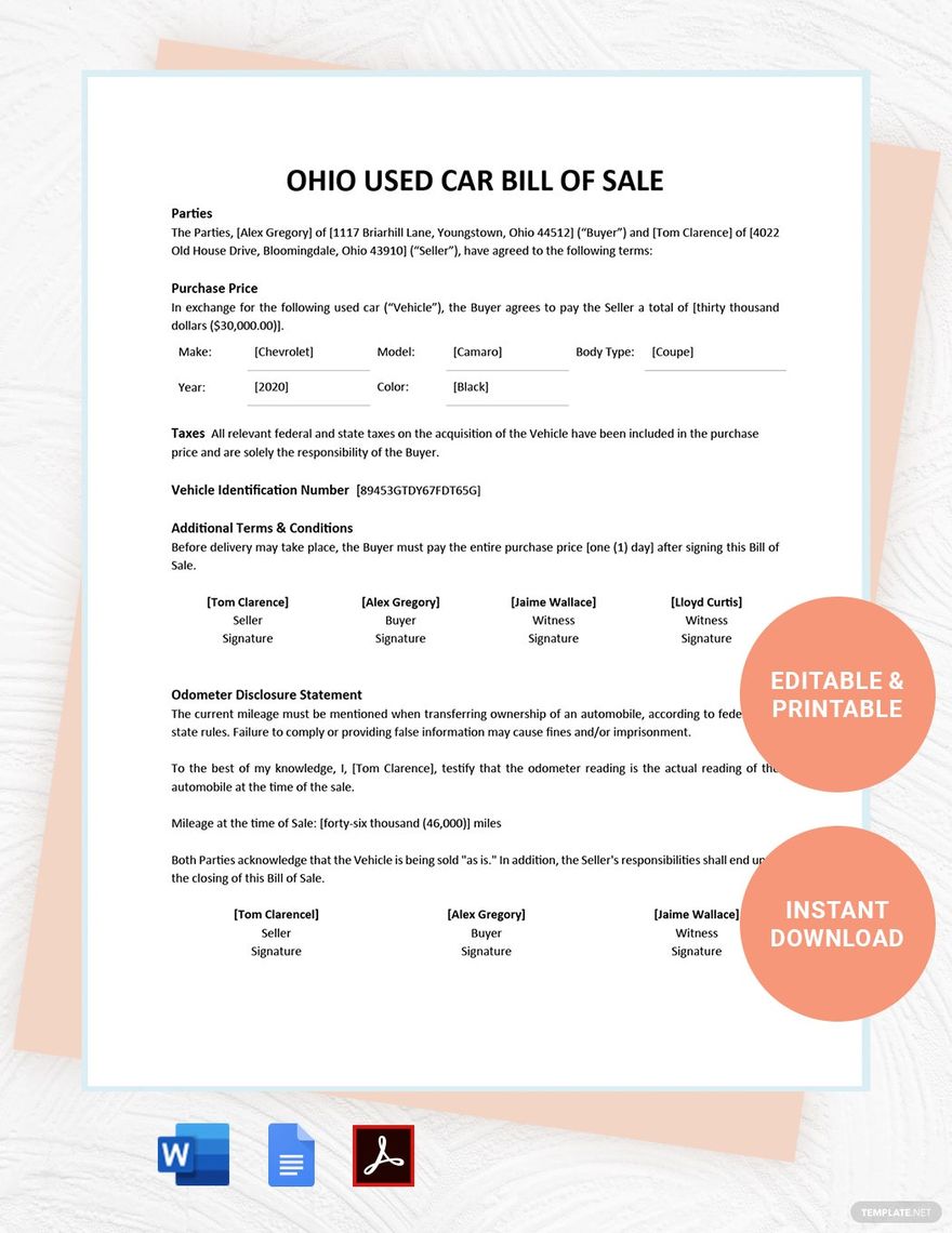 Ohio Used Car Bill of Sale Template