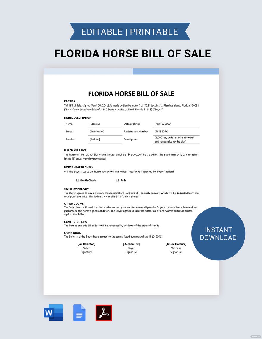 Florida Horse Bill of Sale Template in Word, Google Docs, PDF
