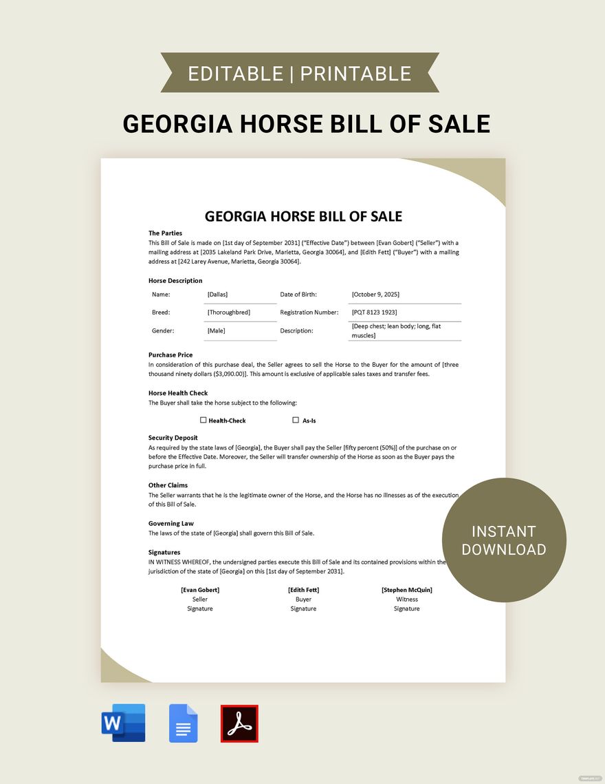 Georgia Horse Bill of Sale Template