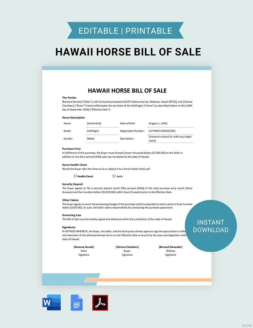Hawaii Horse Bill of Sale Template in Word PDF Google Docs Download