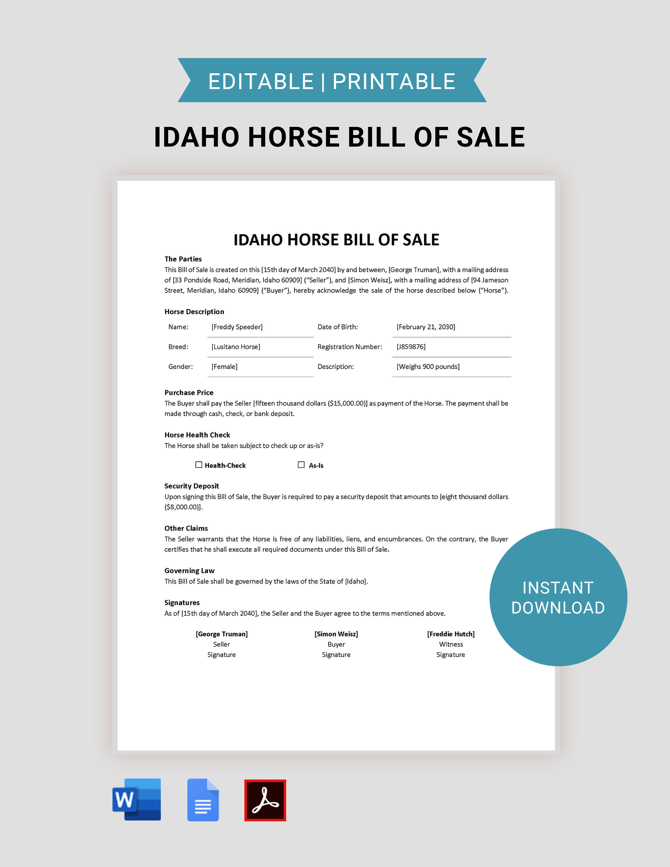 Free Idaho Horse Bill of Sale Form Template Google Docs, Word, PDF
