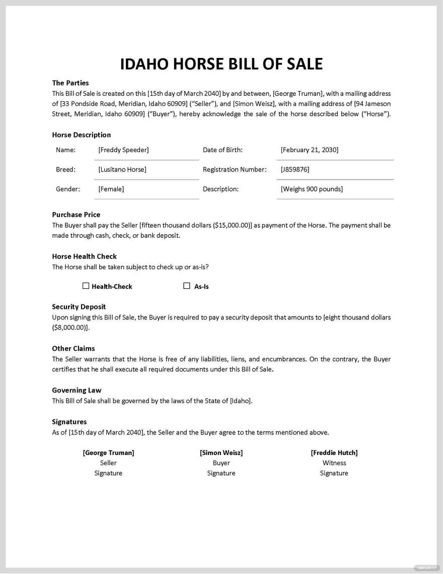 Idaho Horse Bill of Sale Form Template