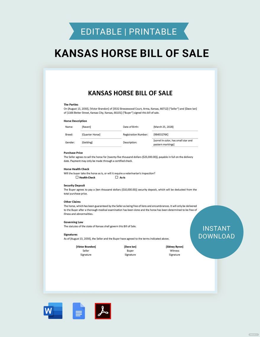 Kansas Horse Bill of Sale Template in Word, Google Docs, PDF