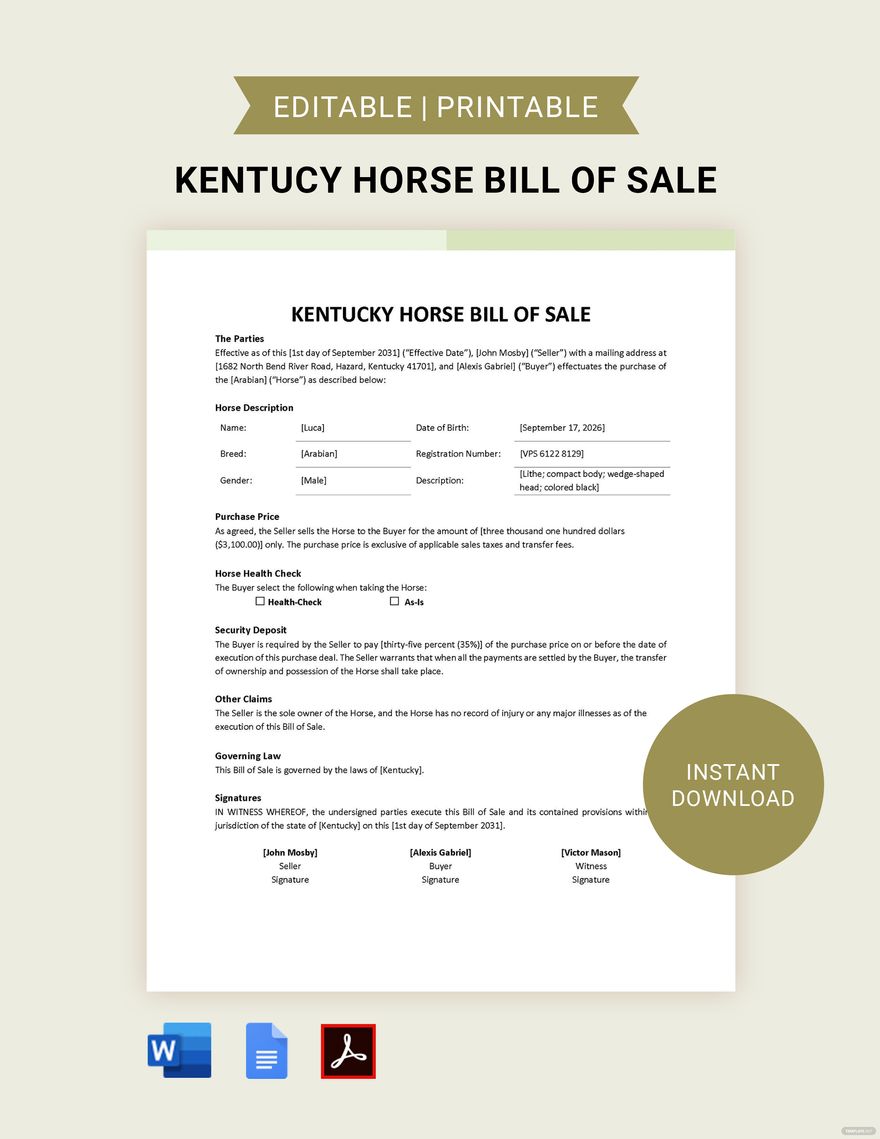 Kentucky Horse Bill of Sale Template
