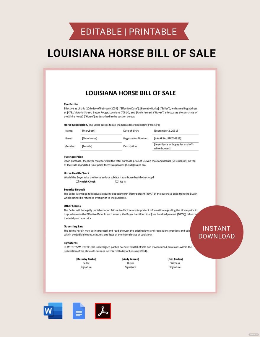 Louisiana Horse Bill of Sale Template