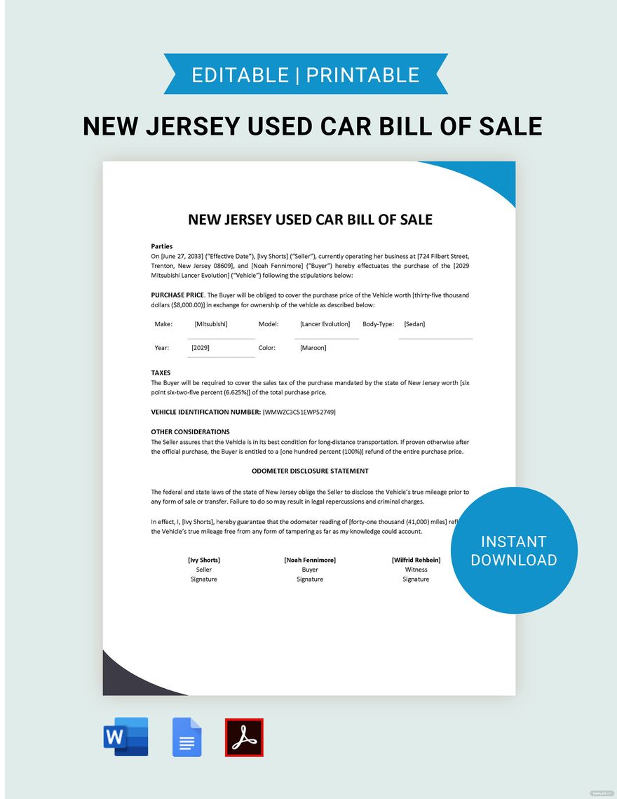 New Jersey Used Car Bill of Sale Template
