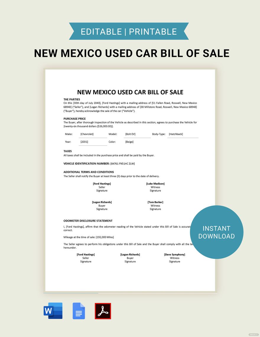 New Mexico Used Car Bill of Sale Template