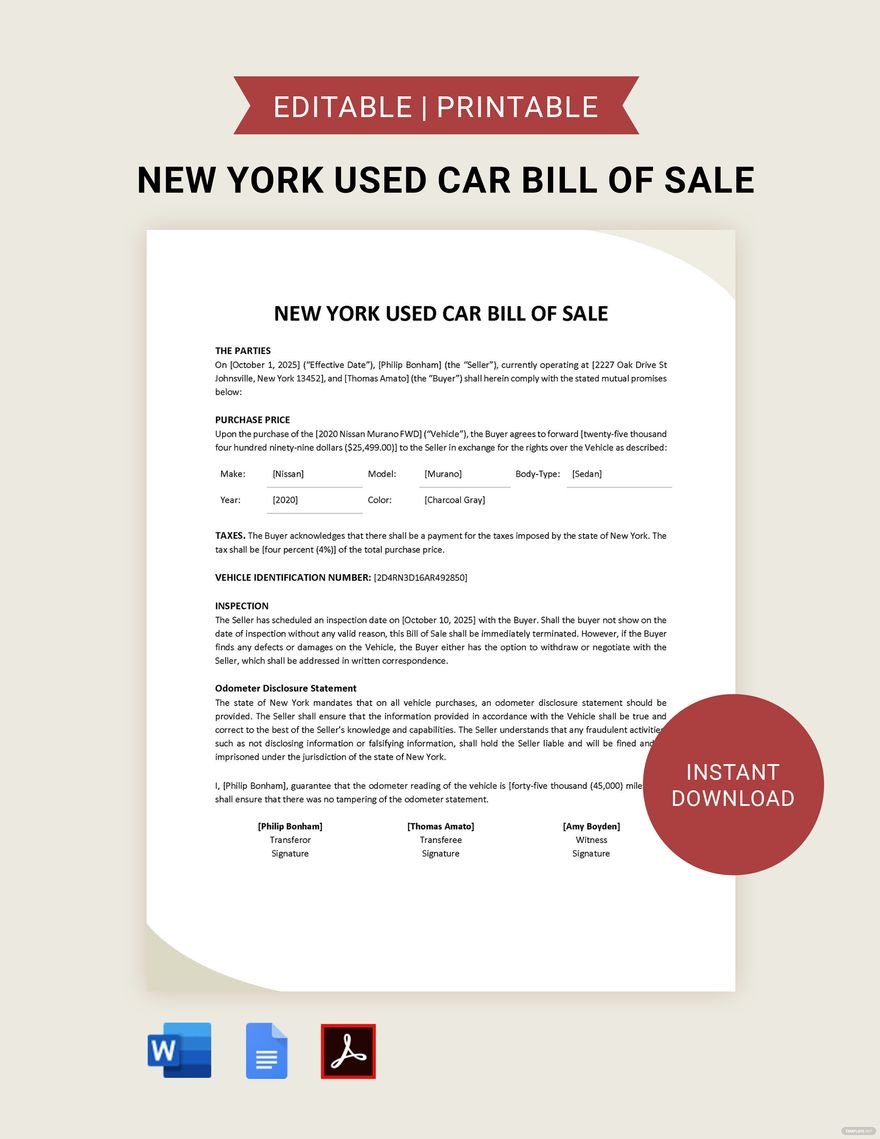 New York Used Car Bill of Sale Template