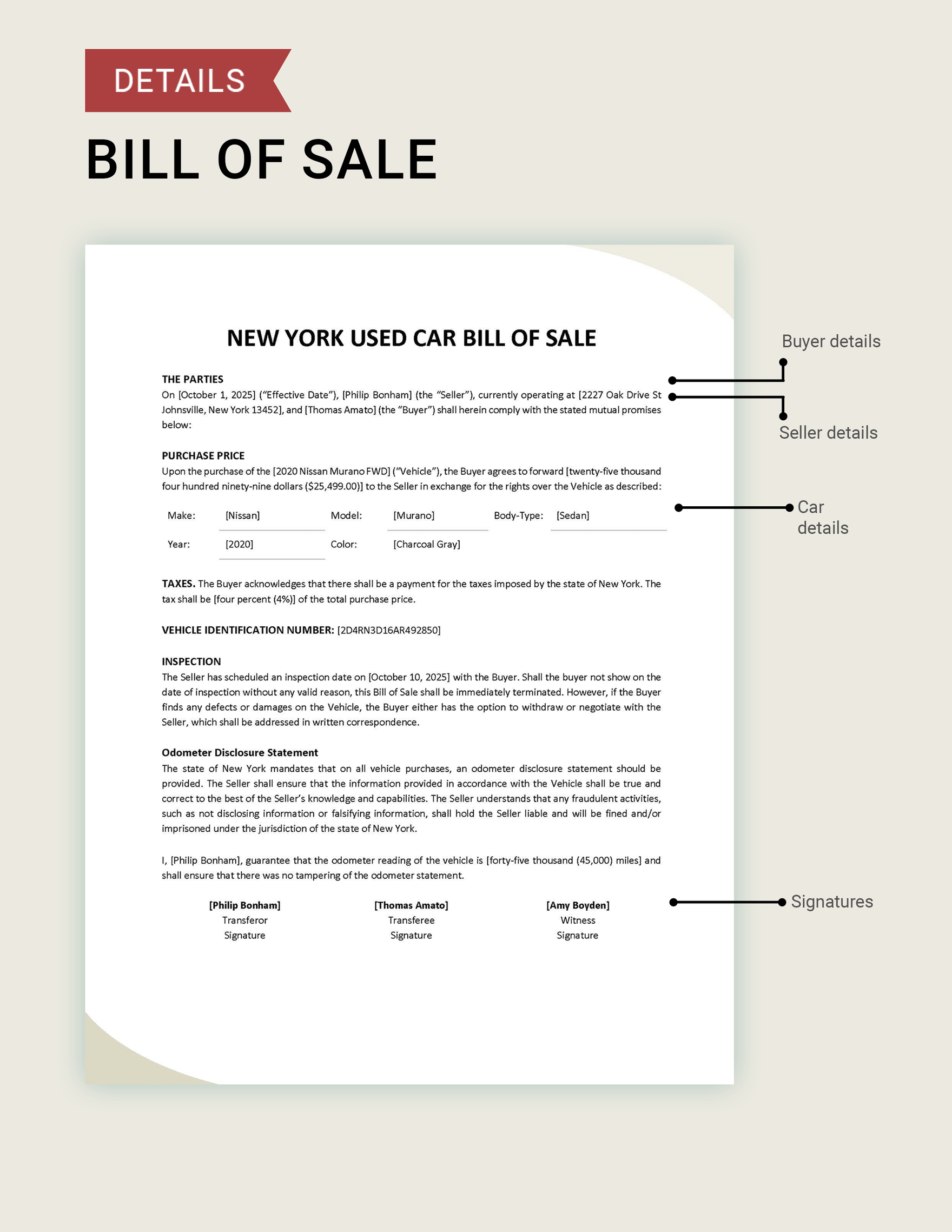 New York Used Car Bill of Sale Template