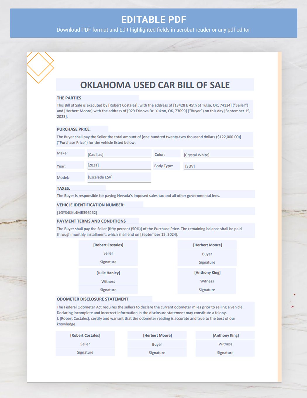 Oklahoma Used Car Bill of Sale Template Download in Word, Google Docs