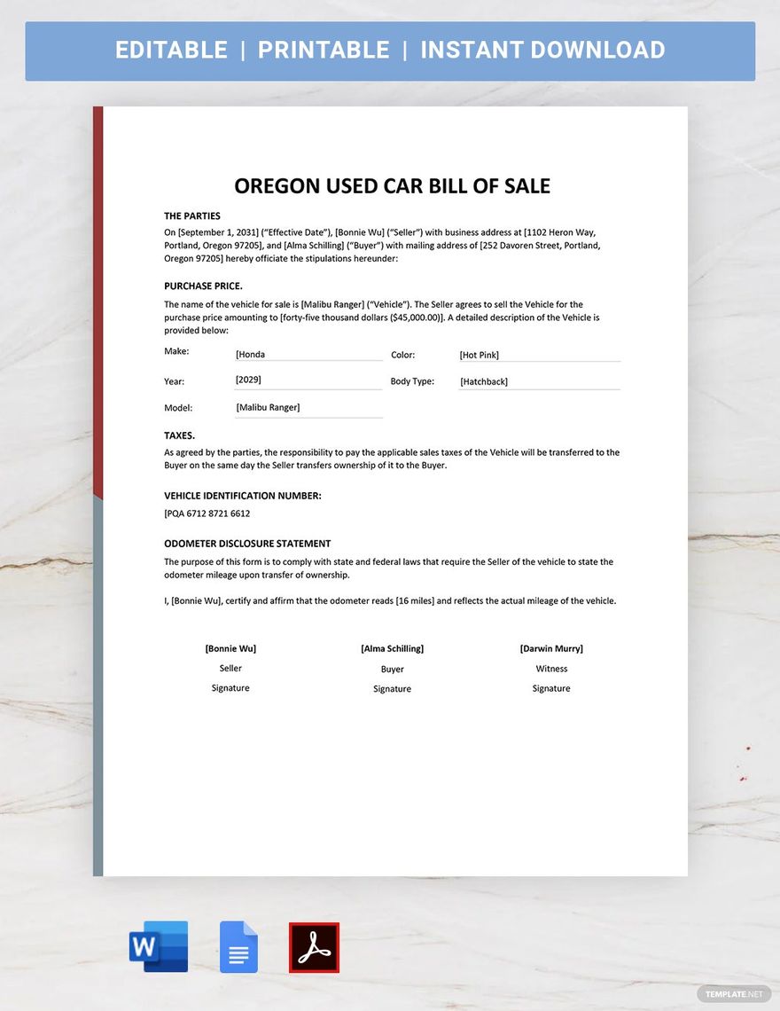 Oregon Used Car Bill of Sale Template