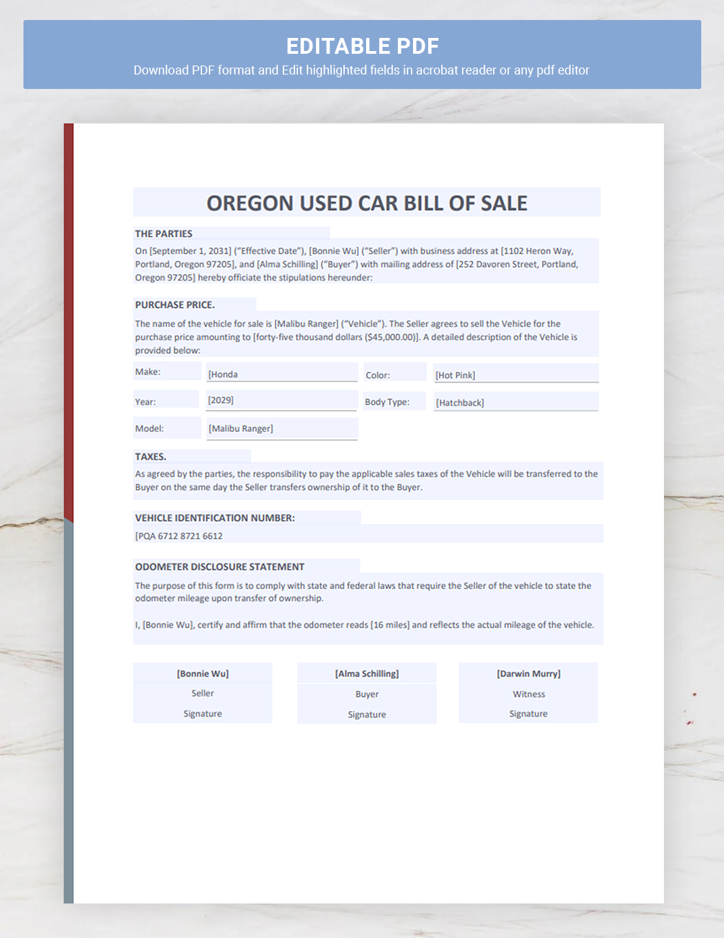 Oregon Used Car Bill of Sale Template