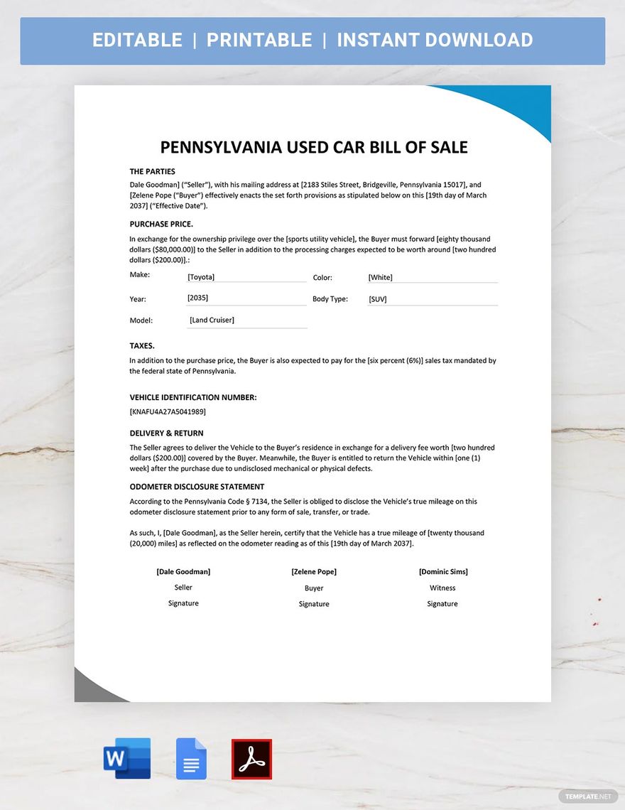 Pennsylvania Used Car Bill of Sale Template in Word, Google Docs, PDF