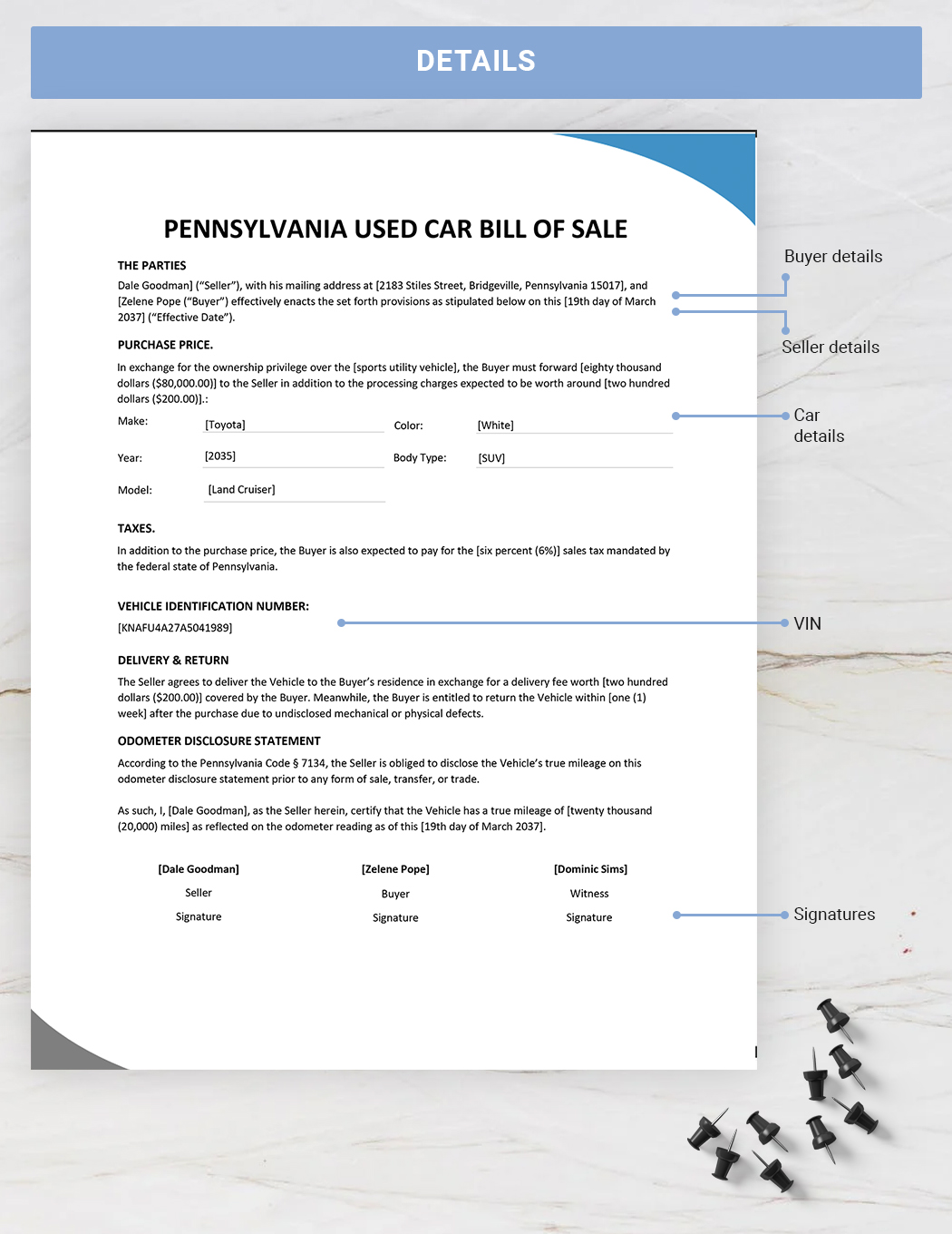 Pennsylvania Used Car Bill of Sale Template