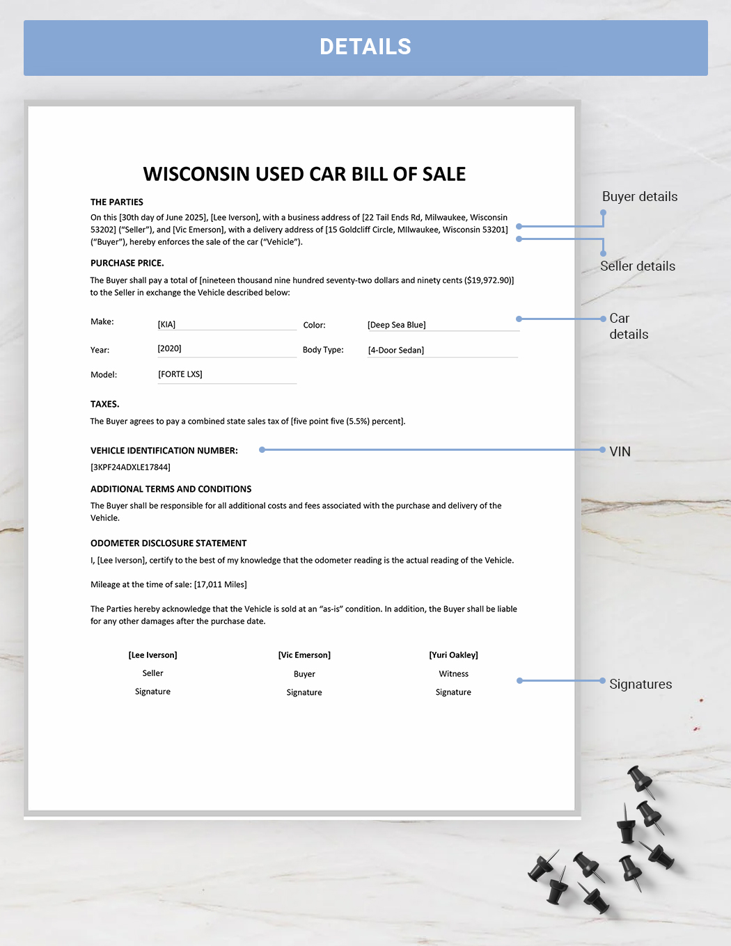 Wisconsin Used Car Bill of Sale Template