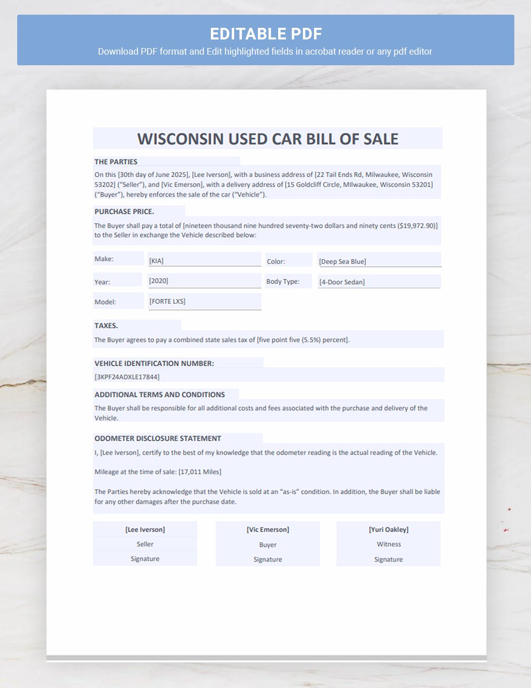 Wisconsin Used Car Bill of Sale Template in Google Docs Word PDF