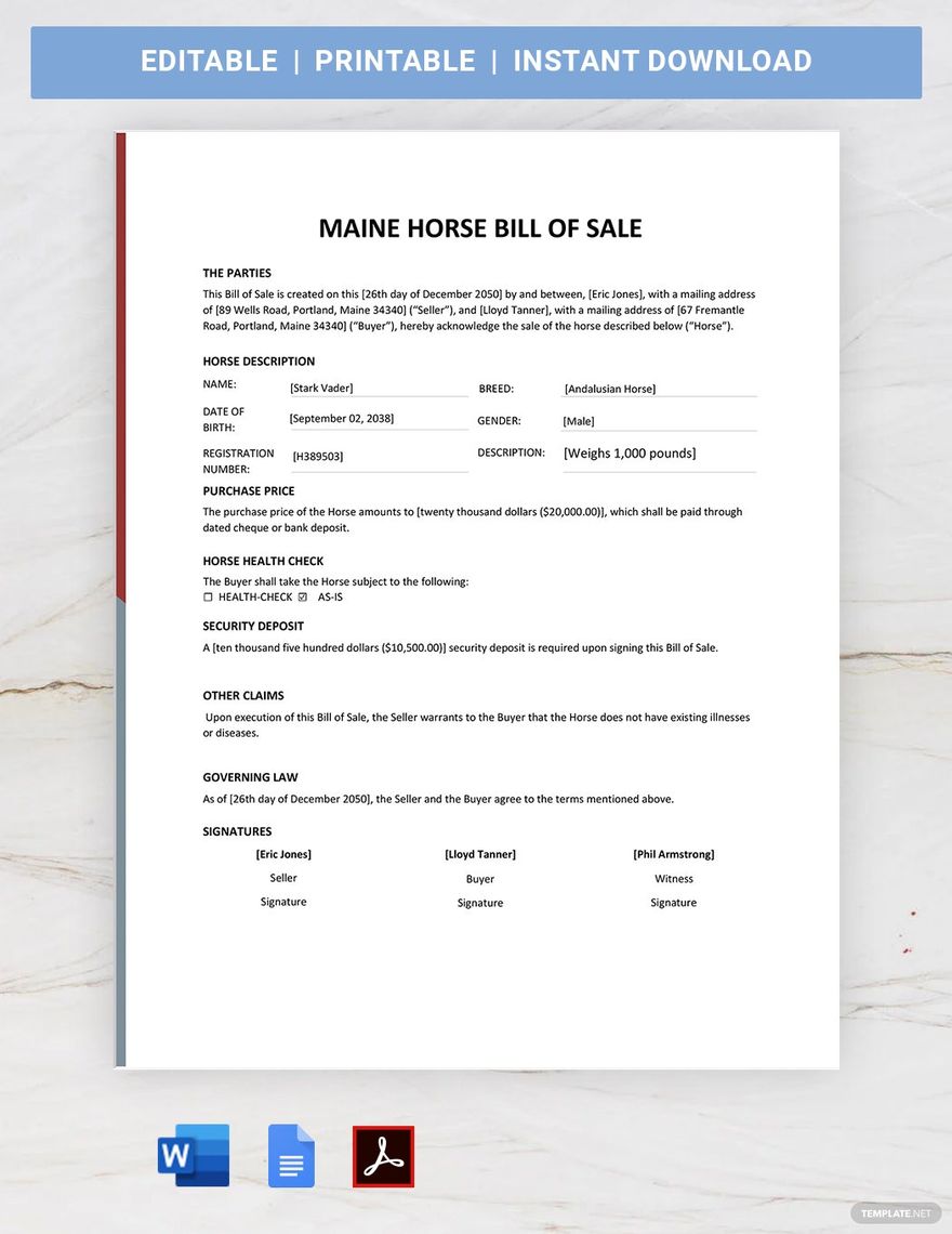 Free Maine Horse Bill of Sale Form Template