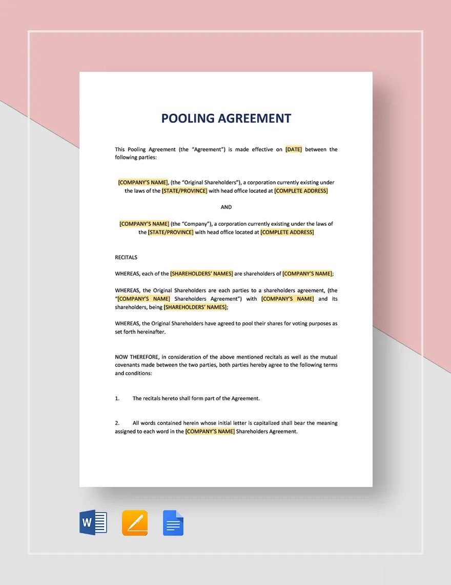Pooling Agreement Template in Word, Google Docs, Apple Pages
