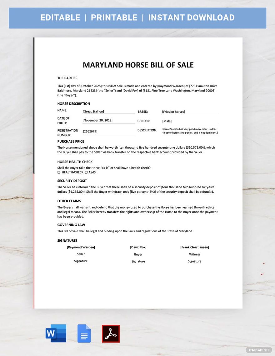 Maryland Horse Bill of Sale Template in Word, Google Docs, PDF