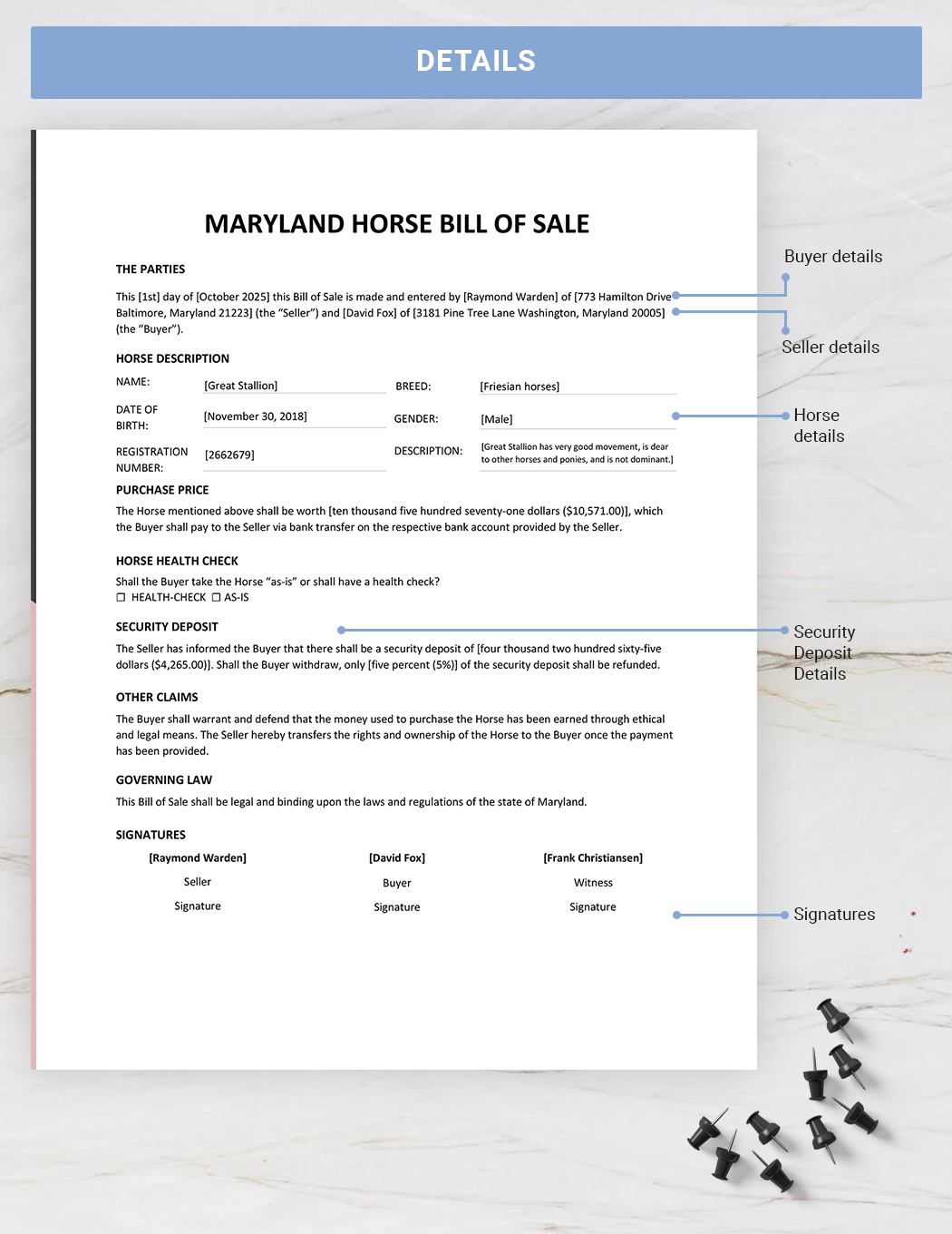 Maryland Horse Bill of Sale Template