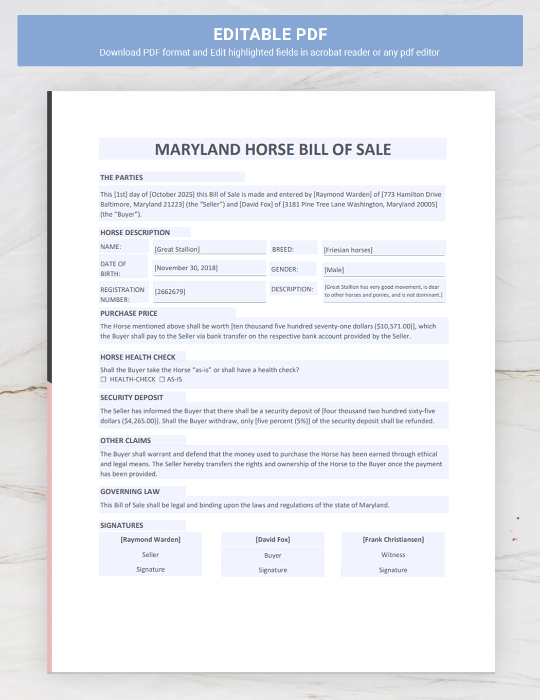 Maryland Horse Bill of Sale Template