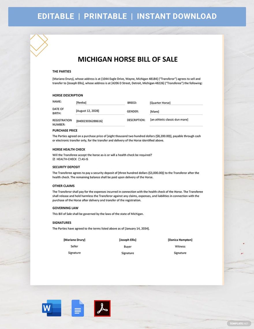 Michigan Horse Bill of Sale Template in Word, Google Docs, PDF